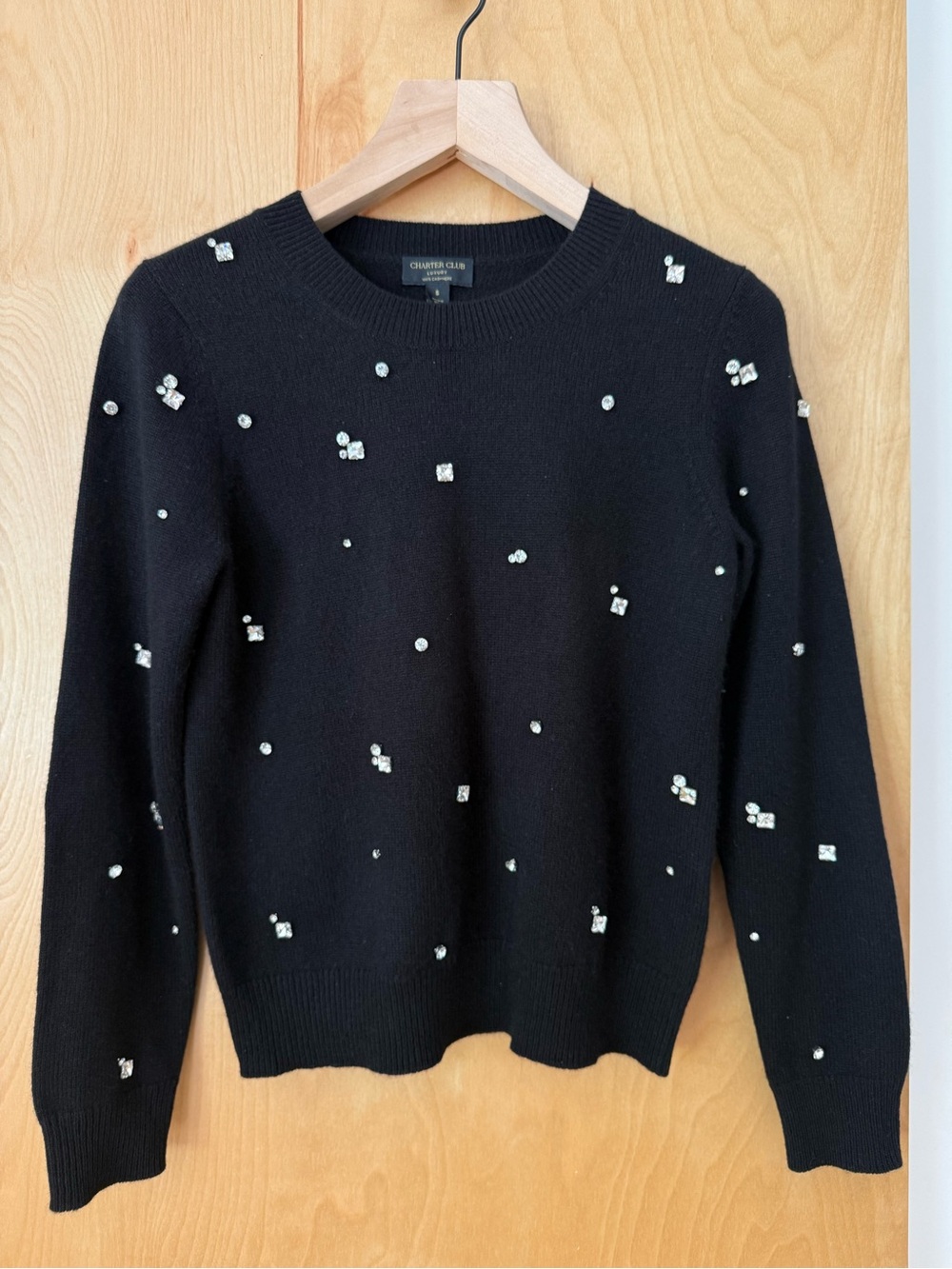 Charter Club cashmere Black Crewneck Sweater with Crystal Embellishments
